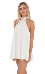 Embroidered Mock Neck Dress in White