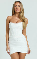 Kelsey Mini Dress Beaded Strapless Corset Panel Dress with Detachable Tulle Skirt in White