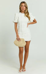 Laila Mini Linen Blend Dress High Neck Side Cut Out Puff Sleeve Straight Dress in Off White