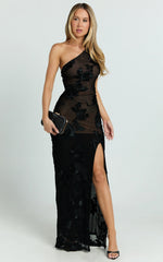 Shelby Maxi Dress One Shoulder Rosette Fitted Applique Dress in Black