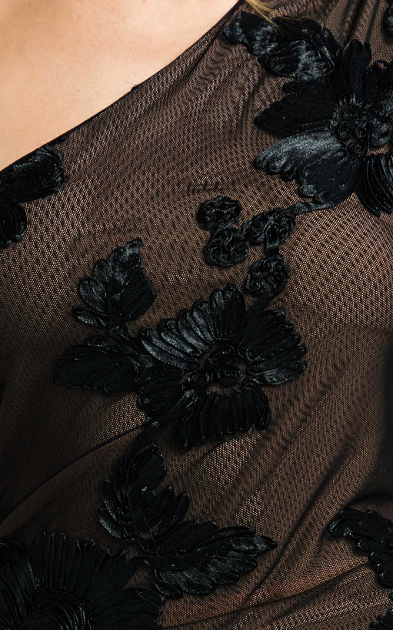 Shelby Maxi Dress One Shoulder Rosette Fitted Applique Dress in Black