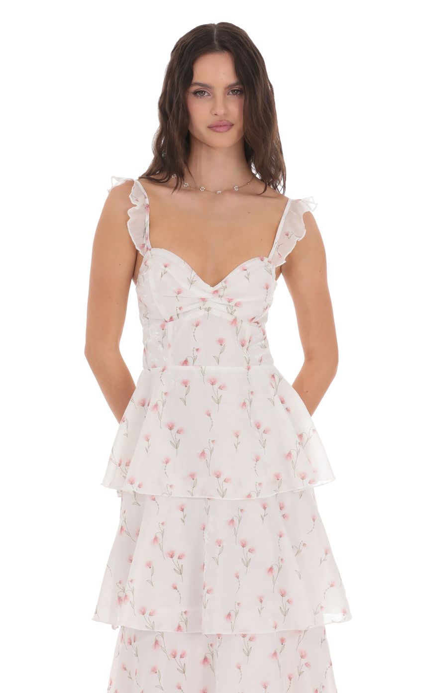 Floral Ruffle Maxi Dress in White