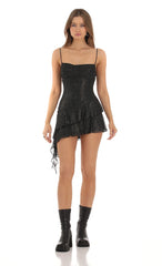 Hadleigh Shimmer Mesh Tassel Dress in Black