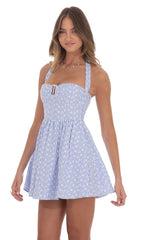 triped Floral Halter Fit and Flare Dress in Blue and White