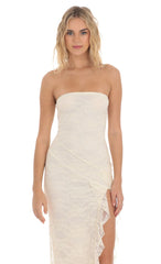 Strapless Lace Ruffle Slit Dress in Cream