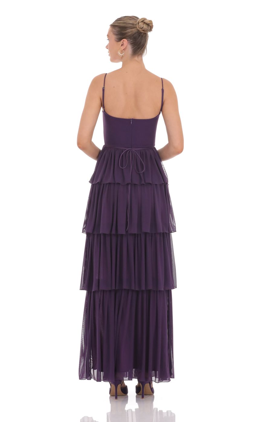 Mesh Ruffle Maxi Dress in Dark Purple