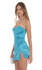 Strapless Satin Ruched Slit Dress in Aqua Blue