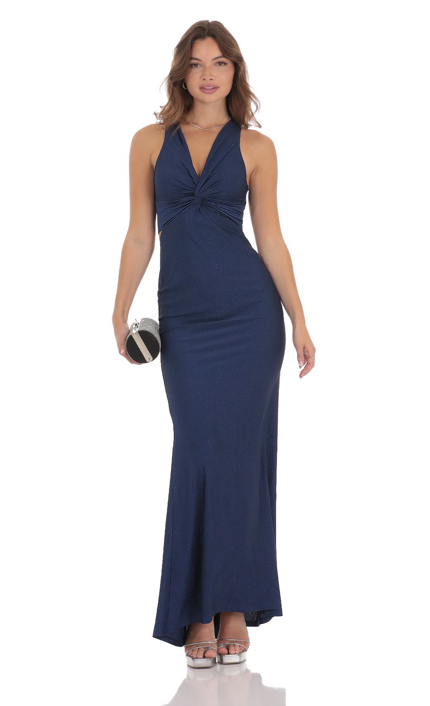 Glitter Twist V-Neck Maxi Dress in Navy