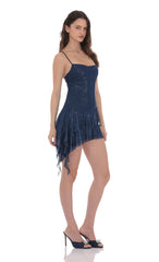 Foil Mesh Tassel Dress in Blue