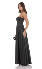 Satin Square Neck Maxi Dress in Black